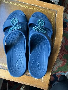 CROCS Navy Slide Sandals with Teal Floral Accents